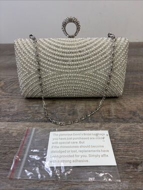 David’s Bridal Pearl & Crystal Evening Clutch Bag with Rhinestone Ring Clasp